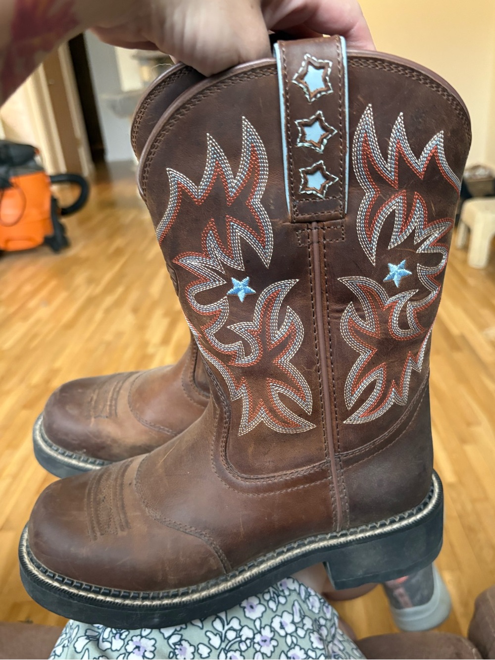 Ariat Brown Leather Western Boots with Red Stitching and Blue Star Details